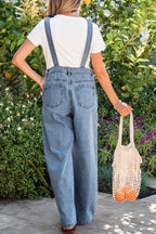Casual Denim Jumpsuit Pleated Wide Leg Retro Pocketed Long Overall Romper