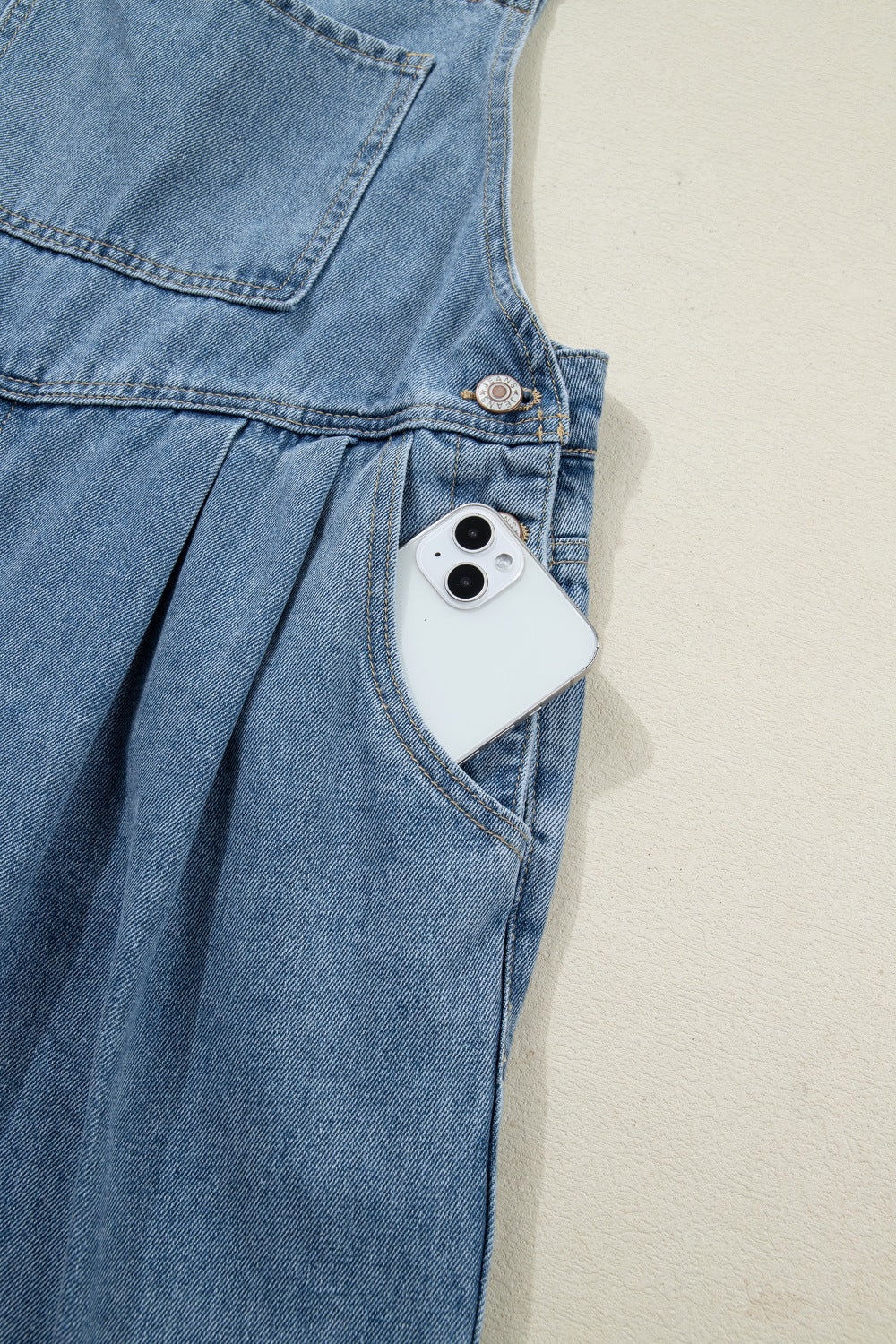 Casual Denim Jumpsuit Pleated Wide Leg Retro Pocketed Long Overall Romper