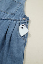 Casual Denim Jumpsuit Pleated Wide Leg Retro Pocketed Long Overall Romper