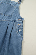 Casual Denim Jumpsuit Pleated Wide Leg Retro Pocketed Long Overall Romper