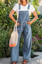 Casual Denim Jumpsuit Pleated Wide Leg Retro Pocketed Long Overall Romper