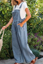 Casual Denim Jumpsuit Pleated Wide Leg Retro Pocketed Long Overall Romper