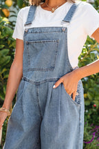 Casual Denim Jumpsuit Pleated Wide Leg Retro Pocketed Long Overall Romper