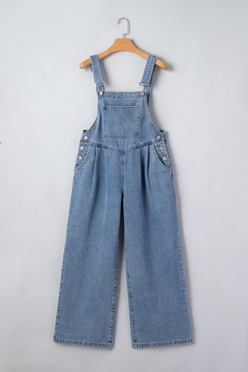 Casual Denim Jumpsuit Pleated Wide Leg Retro Pocketed Long Overall Romper