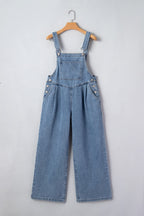 Casual Denim Jumpsuit Pleated Wide Leg Retro Pocketed Long Overall Romper