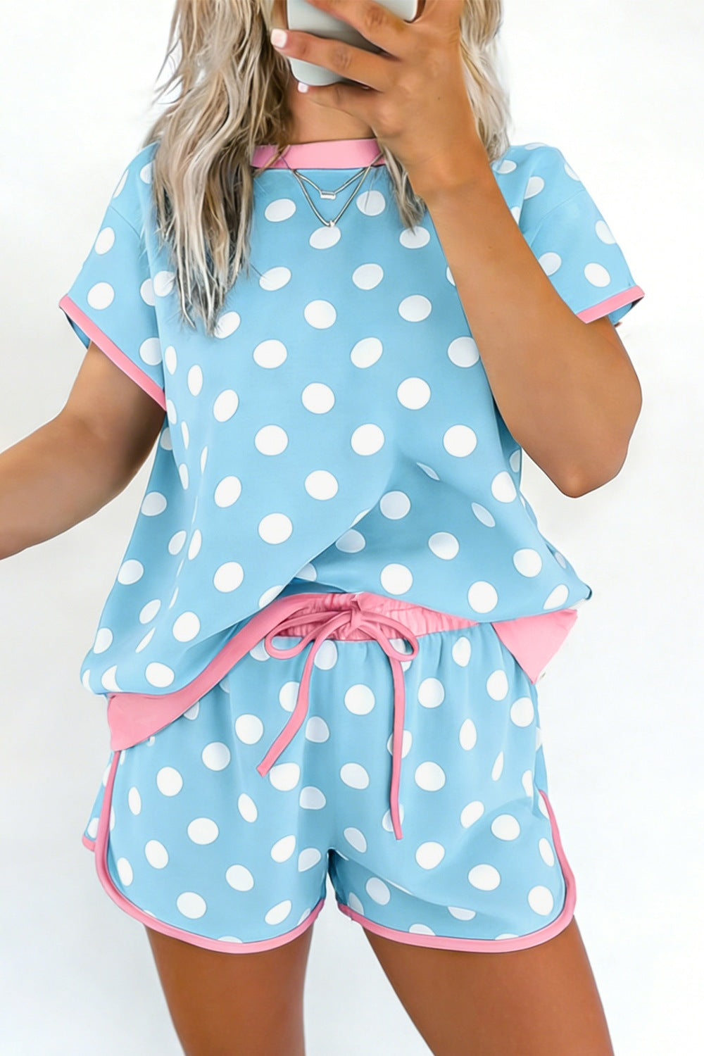 Casual Women's Outfit Set Polka Dot Short Sleeve Top Tee and Shorts 2 Pcs