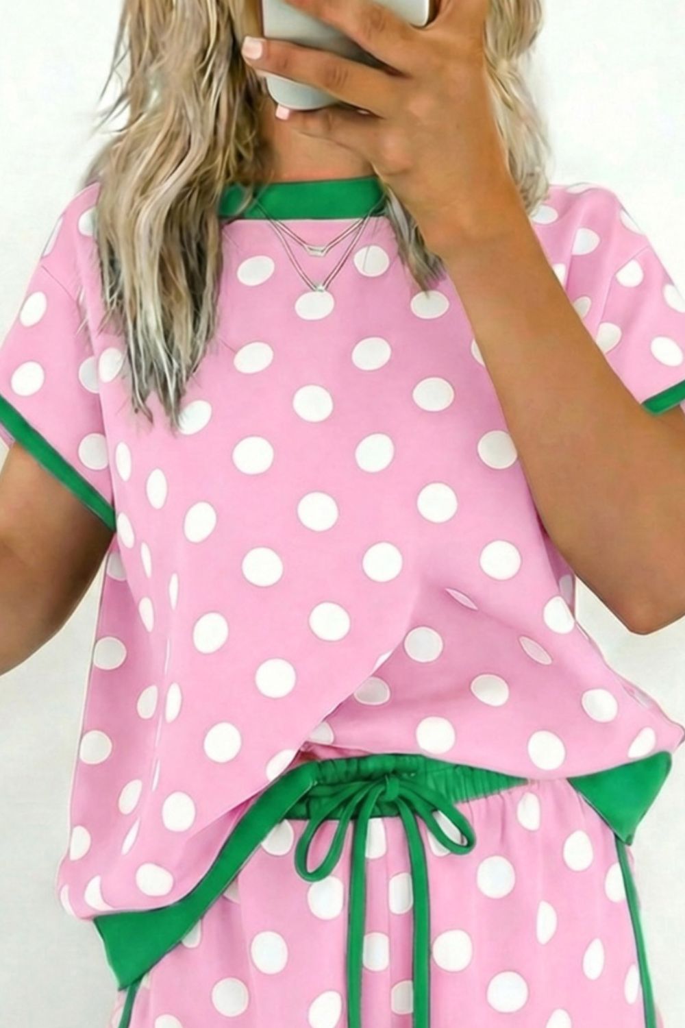 Casual Women's Outfit Set Polka Dot Short Sleeve Top Tee and Shorts 2 Pcs