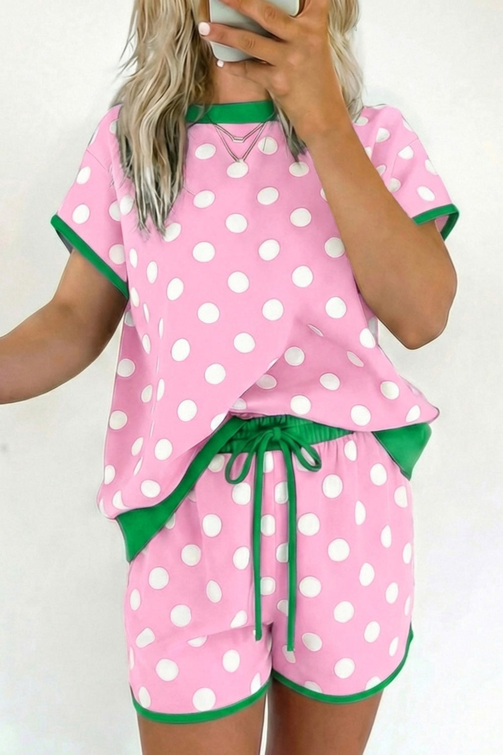 Casual Women's Outfit Set Polka Dot Short Sleeve Top Tee and Shorts 2 Pcs