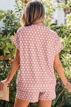 Casual Women's Outfit Set Polka Dot Dusty Pink Short Sleeve Tee and Shorts 2 Pcs