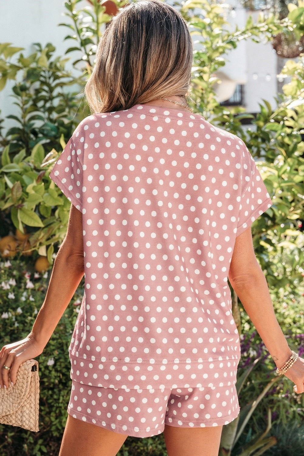 Casual Women's Outfit Set Polka Dot Dusty Pink Short Sleeve Tee and Shorts 2 Pcs
