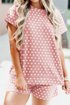 Casual Women's Outfit Set Polka Dot Dusty Pink Short Sleeve Tee and Shorts 2 Pcs
