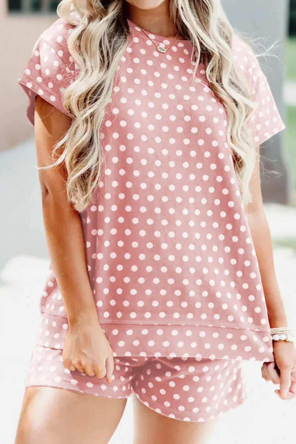 Casual Women's Outfit Set Polka Dot Dusty Pink Short Sleeve Tee and Shorts 2 Pcs