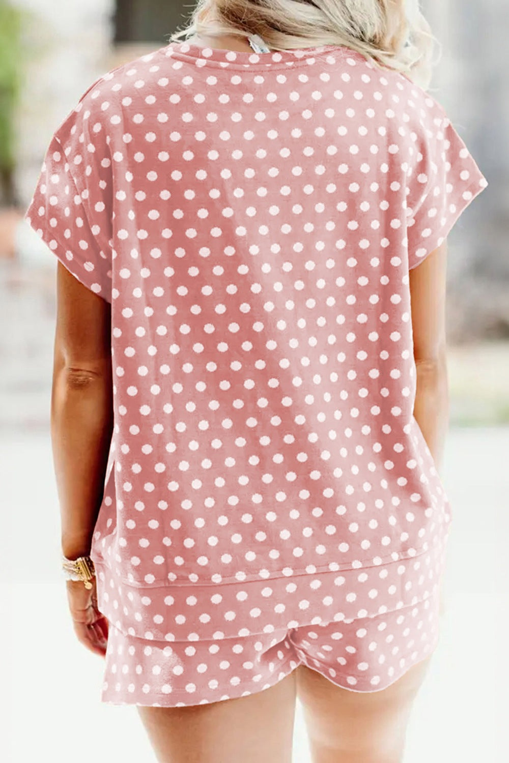 Casual Women's Outfit Set Polka Dot Dusty Pink Short Sleeve Tee and Shorts 2 Pcs