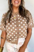 Gepunktete legere Strickjacke, leichter Strick, Rundhalsausschnitt, Knopfleiste, Kurzarm-Top