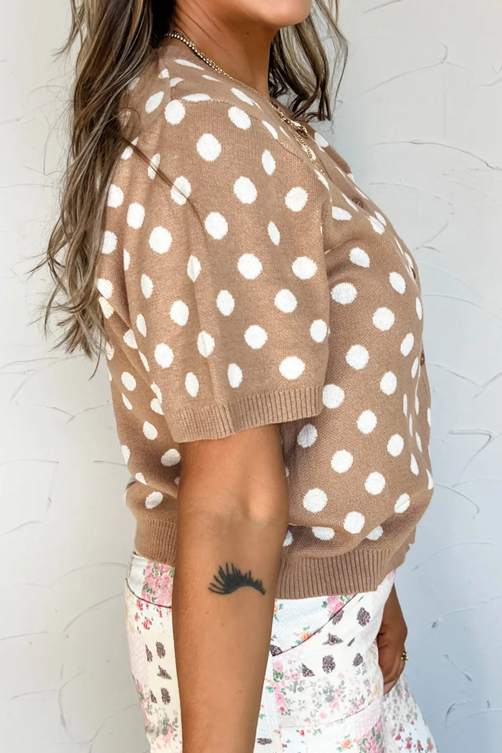 Polka Dot Casual Cardigan Lightweight Knit Round Neck Button Short Sleeve Top