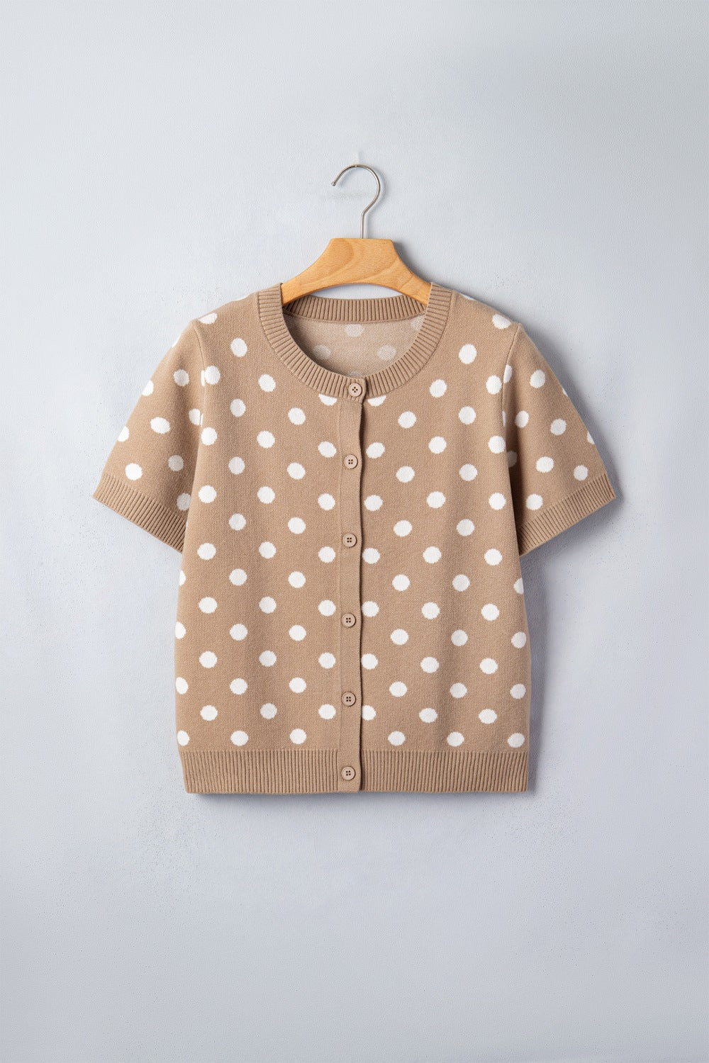 Polka Dot Casual Cardigan Lightweight Knit Round Neck Button Short Sleeve Top