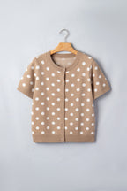 Gepunktete legere Strickjacke, leichter Strick, Rundhalsausschnitt, Knopfleiste, Kurzarm-Top
