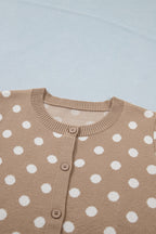 Gepunktete legere Strickjacke, leichter Strick, Rundhalsausschnitt, Knopfleiste, Kurzarm-Top