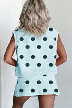 Polka Dot Casual Outfit Set Women's Sleeveless Top and Drwastring Skort
