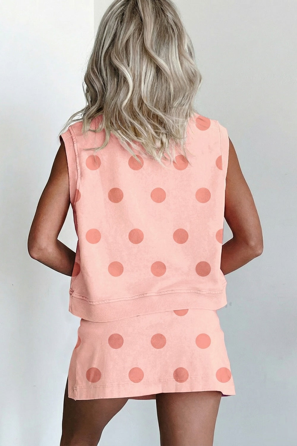 Polka Dot Casual Outfit Set Women's Sleeveless Top and Drwastring Skort