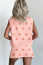 Polka Dot Casual Outfit Set Women's Sleeveless Top and Drwastring Skort