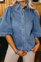 Denim Shirt Blouse Casual Dusty Blue Short Balloon Sleeve Button-Up Top