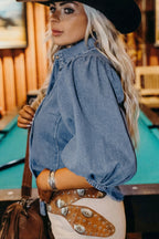 Denim Shirt Blouse Casual Dusty Blue Short Balloon Sleeve Button-Up Top