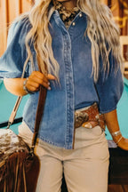 Denim Shirt Blouse Casual Dusty Blue Short Balloon Sleeve Button-Up Top