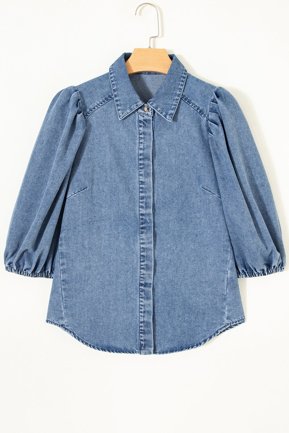 Denim Shirt Blouse Casual Dusty Blue Short Balloon Sleeve Button-Up Top