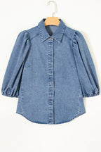 Denim Shirt Blouse Casual Dusty Blue Short Balloon Sleeve Button-Up Top