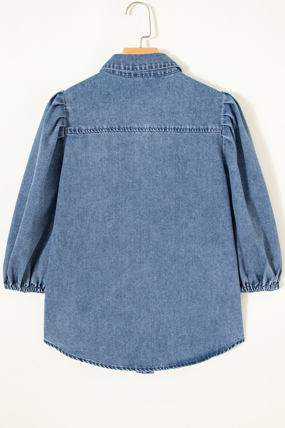 Denim Shirt Blouse Casual Dusty Blue Short Balloon Sleeve Button-Up Top