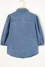 Denim Shirt Blouse Casual Dusty Blue Short Balloon Sleeve Button-Up Top