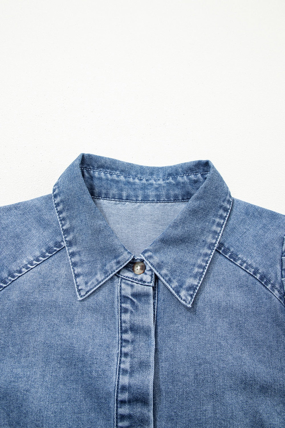Denim Shirt Blouse Casual Dusty Blue Short Balloon Sleeve Button-Up Top