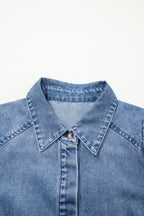 Denim Shirt Blouse Casual Dusty Blue Short Balloon Sleeve Button-Up Top