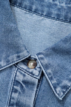Denim Shirt Blouse Casual Dusty Blue Short Balloon Sleeve Button-Up Top
