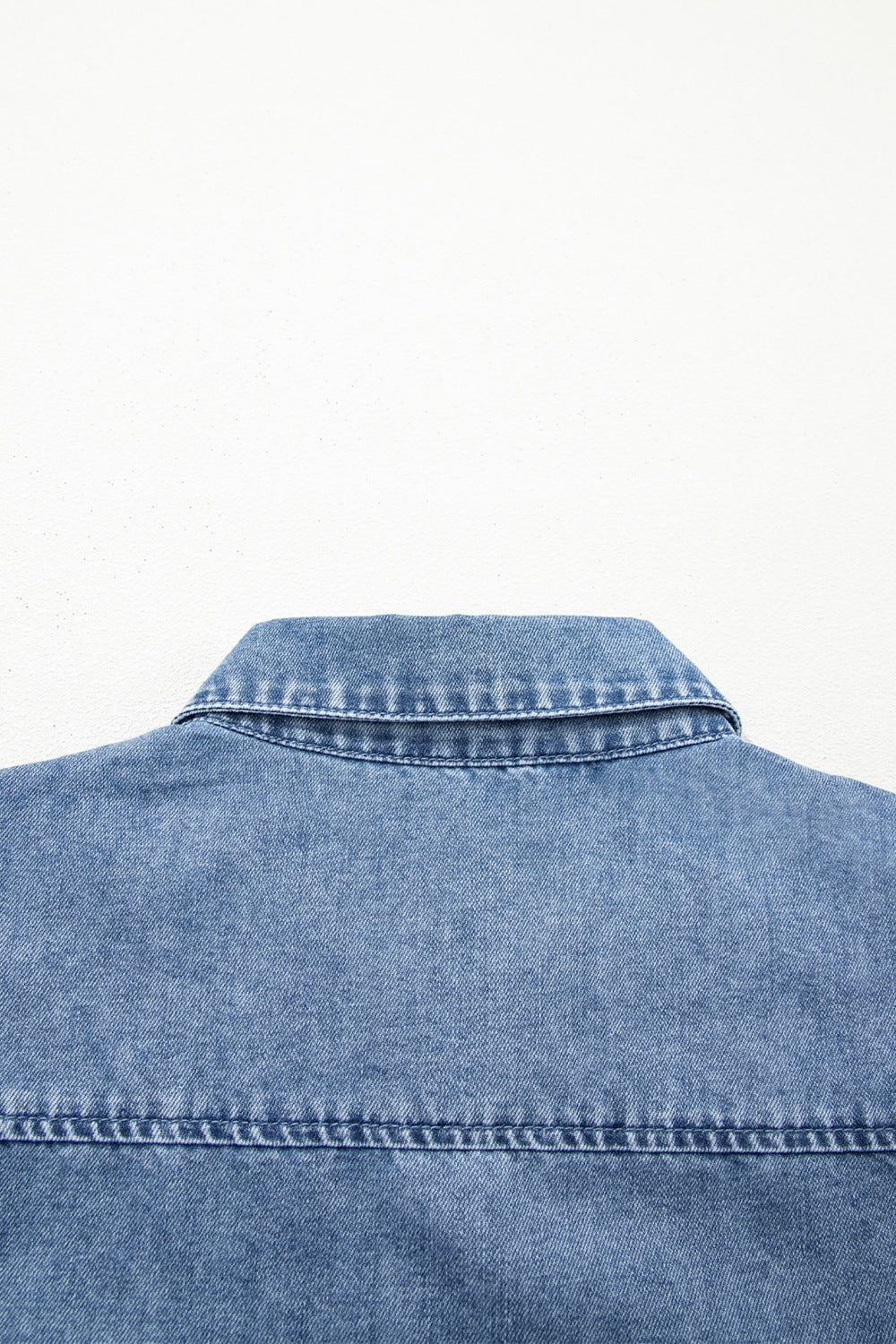 Denim Shirt Blouse Casual Dusty Blue Short Balloon Sleeve Button-Up Top