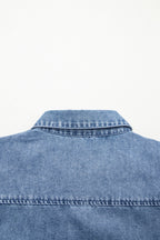 Denim Shirt Blouse Casual Dusty Blue Short Balloon Sleeve Button-Up Top