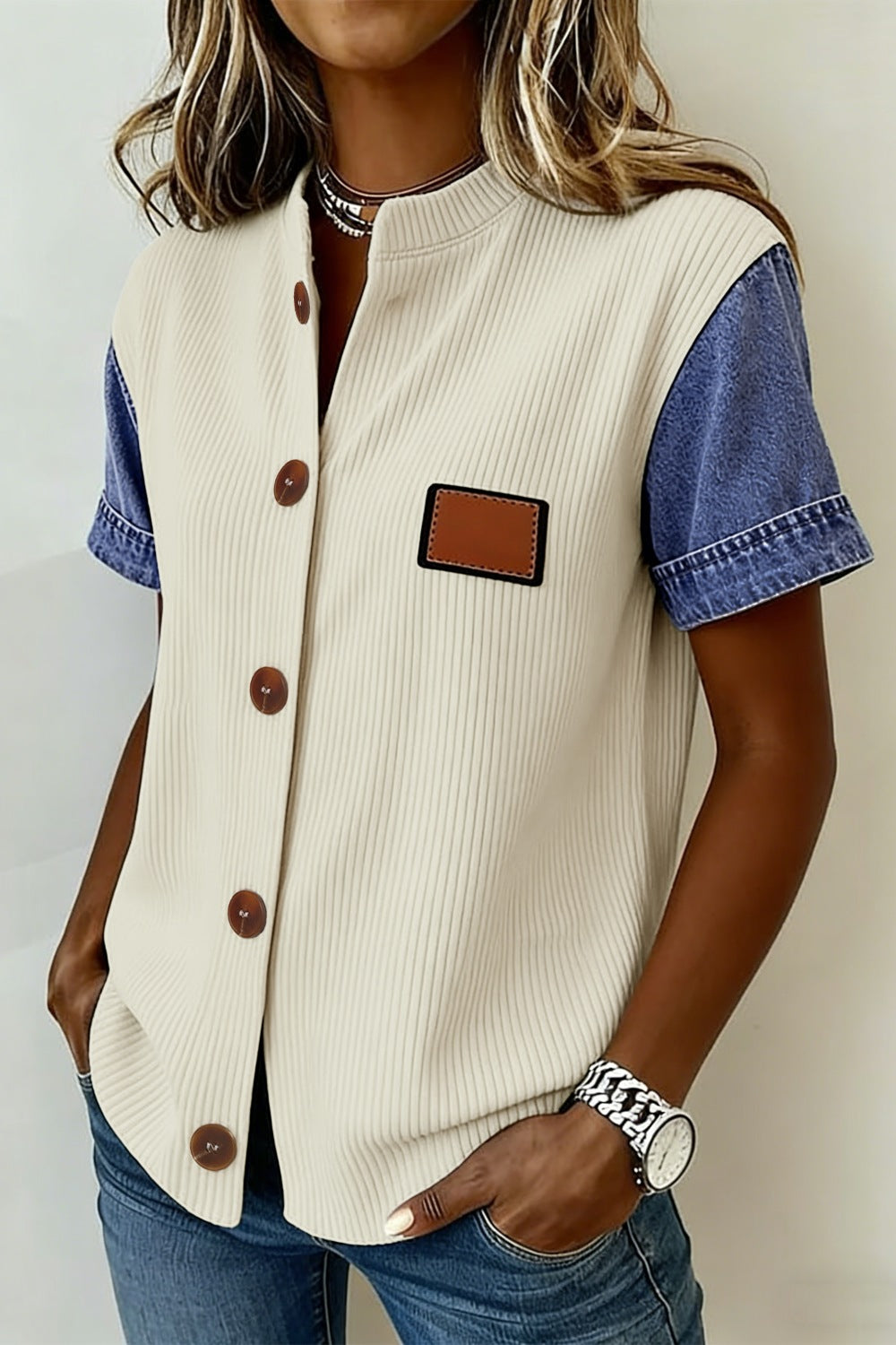 Women's Casual Shirt Blouse Ribbed Knit Button-Down Denim Short Sleeve Top