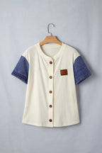 Women's Casual Shirt Blouse Ribbed Knit Button-Down Denim Short Sleeve Top
