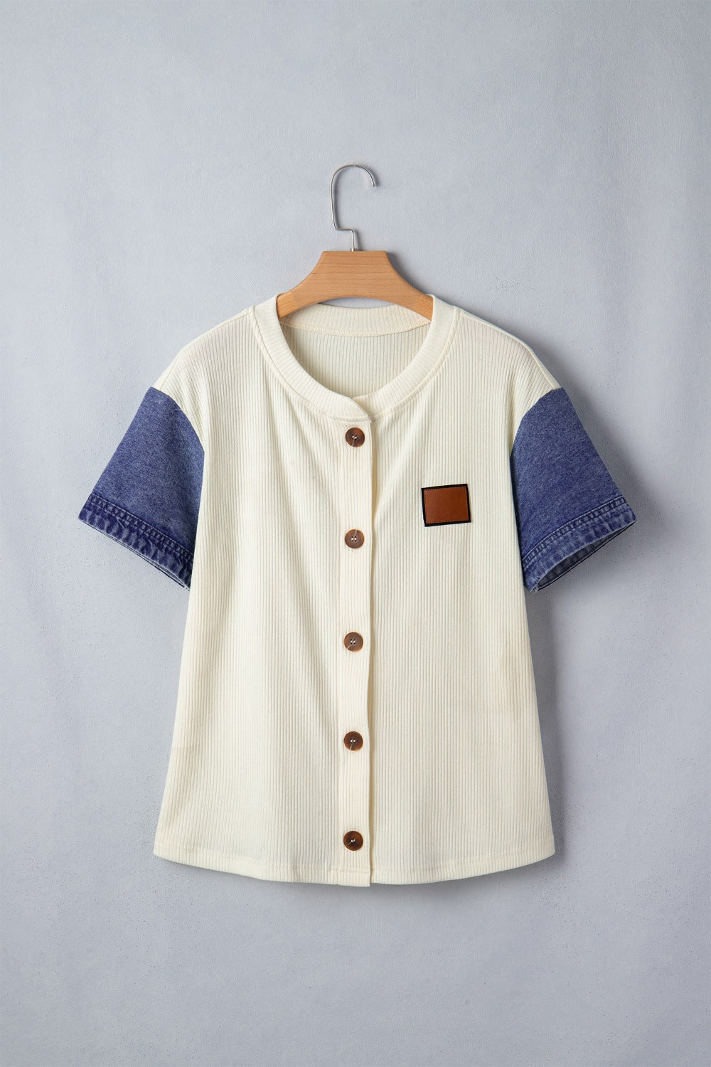 Women's Casual Shirt Blouse Ribbed Knit Button-Down Denim Short Sleeve Top