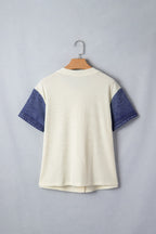 Women's Casual Shirt Blouse Ribbed Knit Button-Down Denim Short Sleeve Top