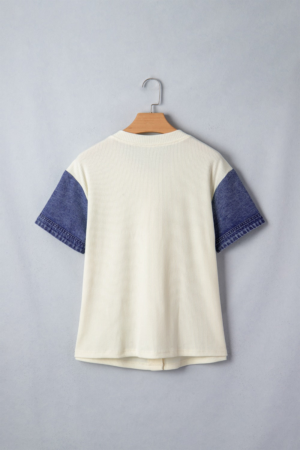 Women's Casual Shirt Blouse Ribbed Knit Button-Down Denim Short Sleeve Top
