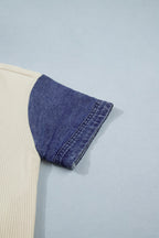 Women's Casual Shirt Blouse Ribbed Knit Button-Down Denim Short Sleeve Top