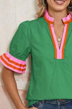 Damen-Freizeitbluse Grün Rüschen Rosa Saum Kontrast Gekerbt Kurzer Arm Top