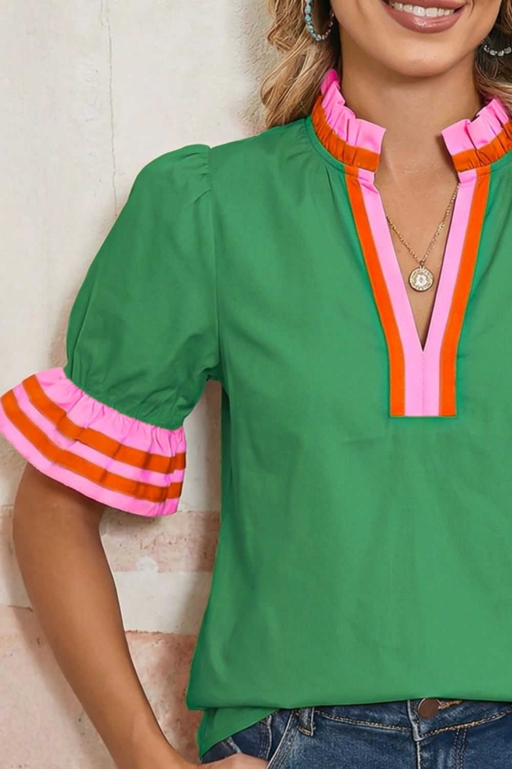 Women's Casual Blouse Green Ruffle Pink Trim Contrast Notched Short Sleeve Top