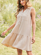 Mini-Kleid V-Ausschnitt Strukturiert Beige Ärmellos Durchgehende Knopfleiste Kragen Rüschen A-Linie