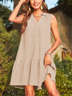 Mini-Kleid V-Ausschnitt Strukturiert Beige Ärmellos Durchgehende Knopfleiste Kragen Rüschen A-Linie