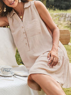 Mini-Kleid V-Ausschnitt Strukturiert Beige Ärmellos Durchgehende Knopfleiste Kragen Rüschen A-Linie