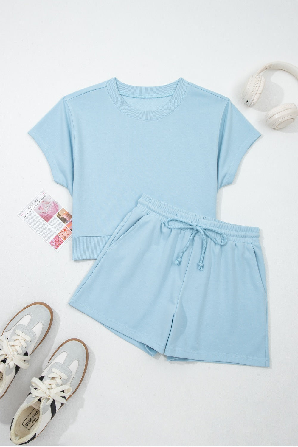 Casual Women's Outfit Set Short Sleeve Top Tee and Drawstring Shorts Pastel Blue