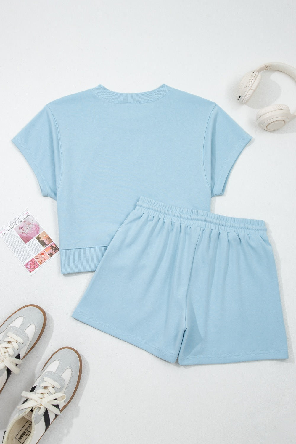Casual Women's Outfit Set Short Sleeve Top Tee and Drawstring Shorts Pastel Blue